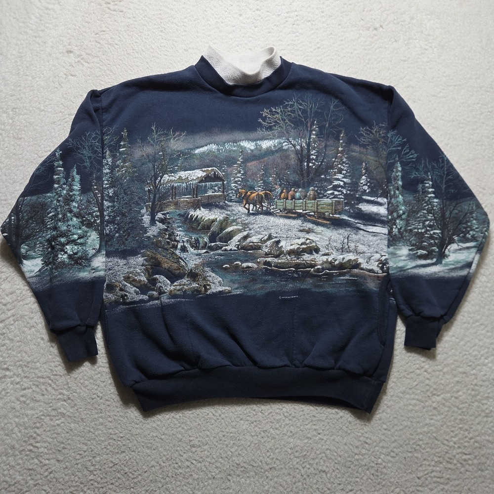 Vintage 90s Art Unlimited Winter Cabin All Over Print Mock Neck Sweatshirt Large